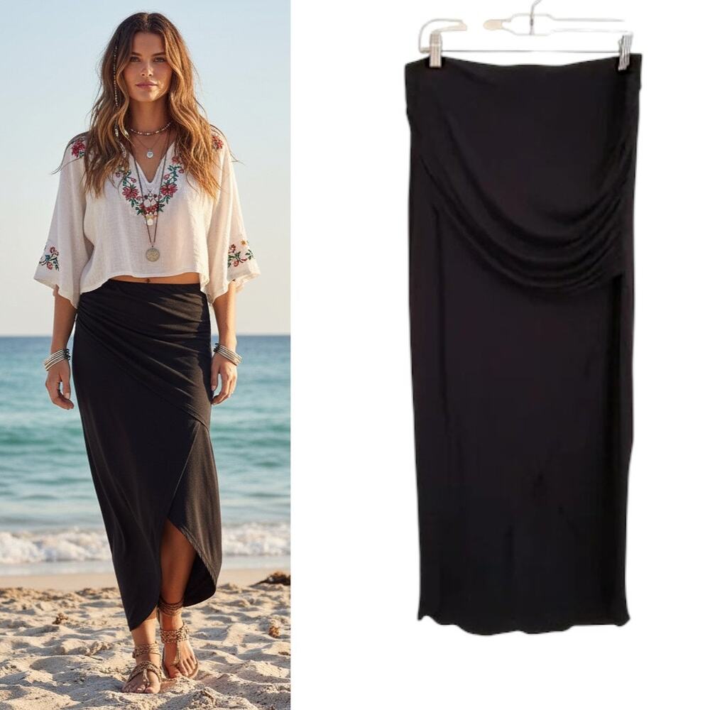 Cabi Faux Wrap Maxi Skirt Women's Sz M Black Ruched Stretchy Knit High Low Boho